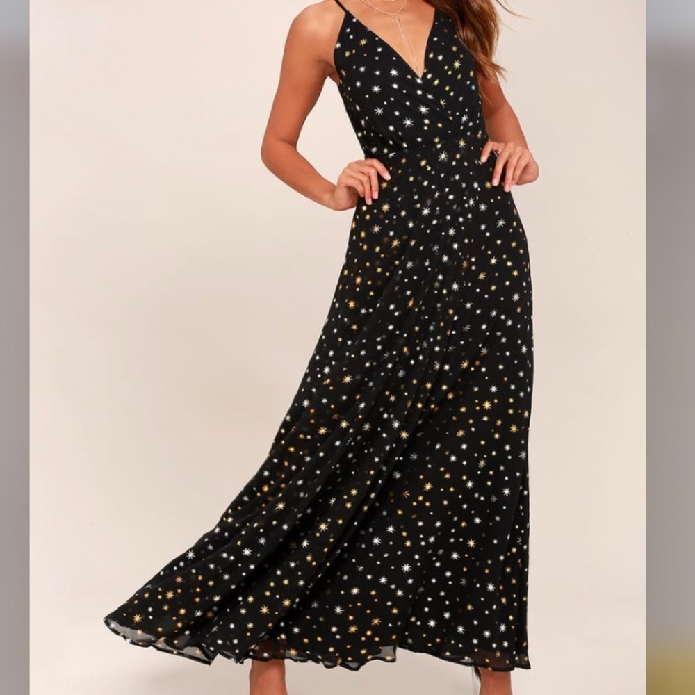 Galactic Goddess Black Star Print Maxi Dress